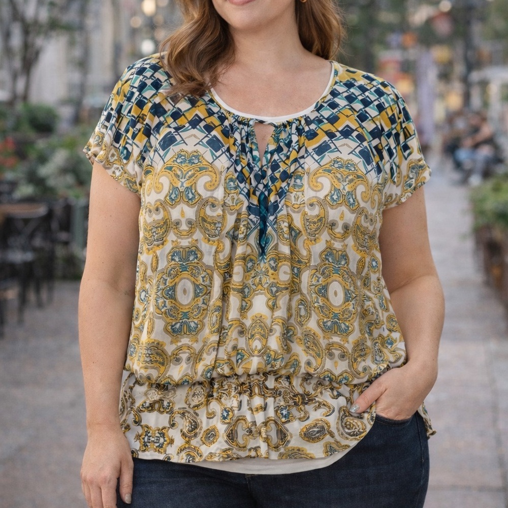 Style & Co Bold Batwing Blouse | Tunic Top | Yellow Blue Geo Print | 0X